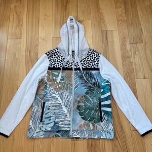 Simply Art by Dolcezza Tropical Pattern Front Zipper Mesh Hood White Hoodie